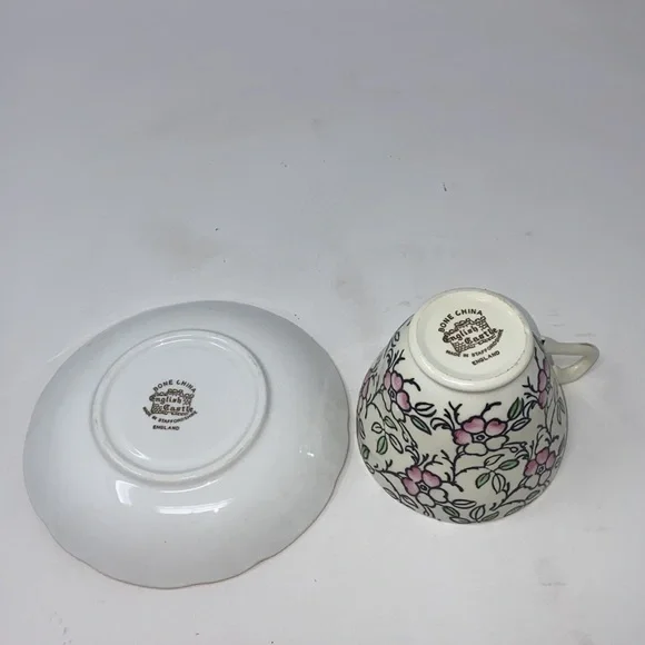 Staffordshire English Castle Teacup and Saucer, Vintage Bone‎ China MCM